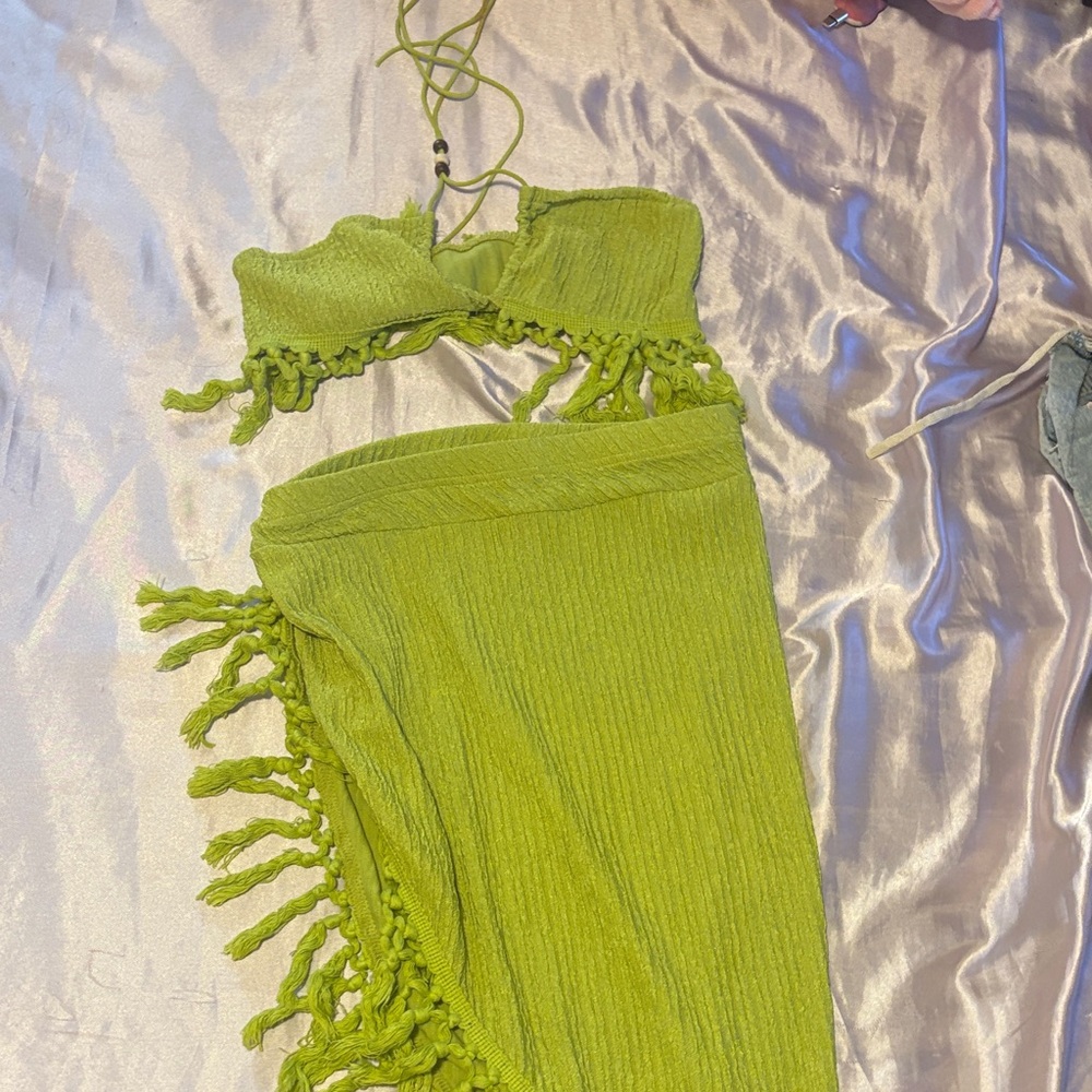 SHEIN Green Fringe Two-Piece Set